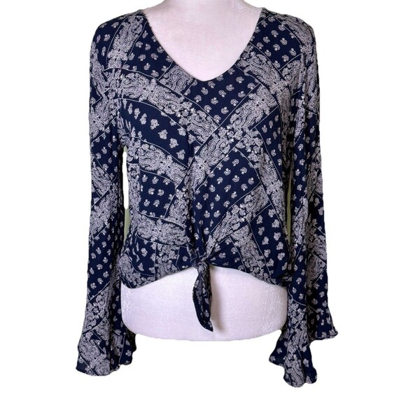 Women’s Boho Tie Front Retro Paisley Bandana Print Hippie Festival Indie Shirt S - Picture 1 of 9